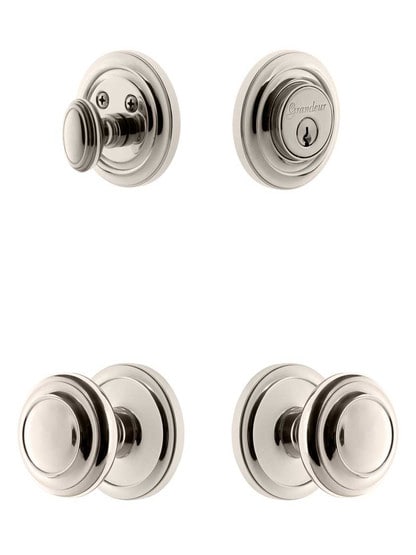 Grandeur Circulaire Entry Door Set, Keyed Alike with Circulaire Knobs in Polished Nickel.